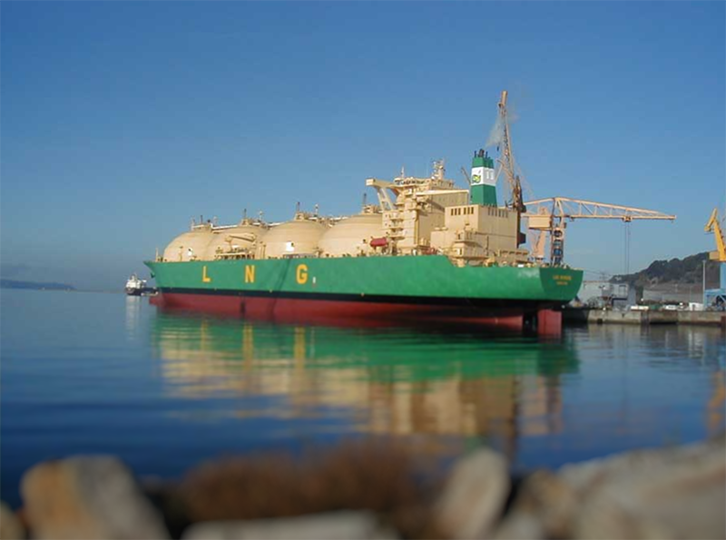 A large green and red LNG carrier ship docked at a port