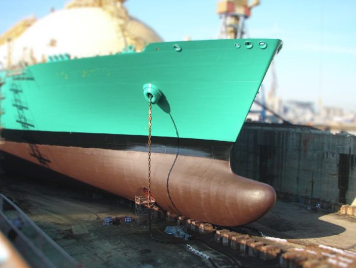 Ship bow with bulbous bow in dry dock